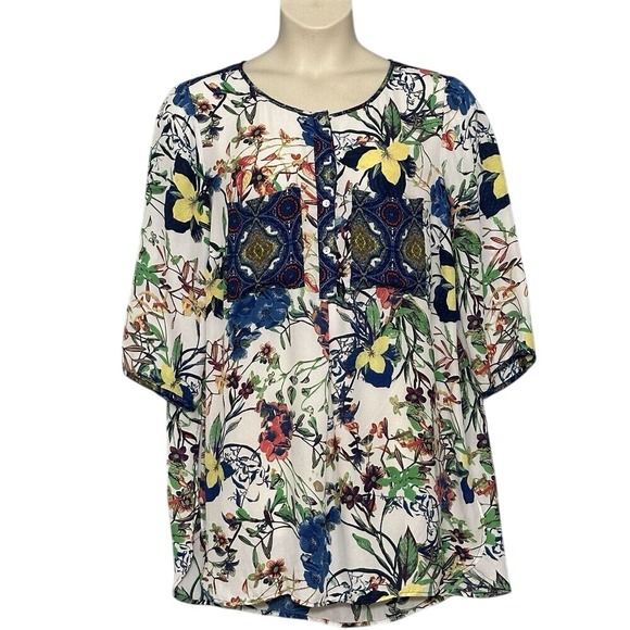 Fig and Flower Women Top Plus 2X Floral Tunic Patch Pockets Retro Classic Casual - Picture 2 of 16
